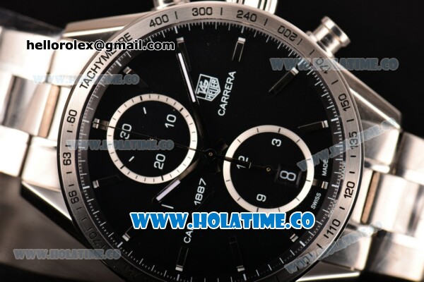 Tag Heuer Carrera Calibre 1887 Automatic Chrono Swiss Valjoux 7750 Automatic Full Steel with Black Dial and Silver Stick Markers - Click Image to Close